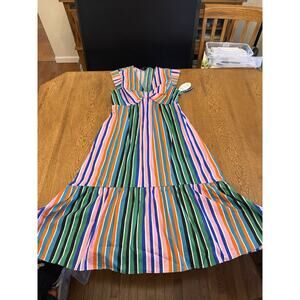 Scoop Knot Front Striped Midi Dress Multicolor V-Neck Sleeveless L Women Cotton